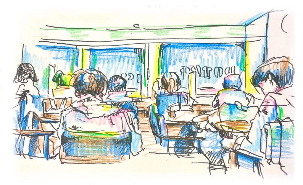 色鉛筆でのスケッチ。喫茶店の店内。いろんな人の後ろ姿。